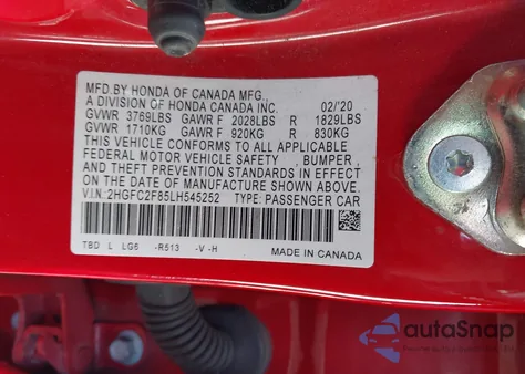 2020 Honda Civic Sport z USA, uszkodzony, nr VIN 2HGFC2F85LH545252